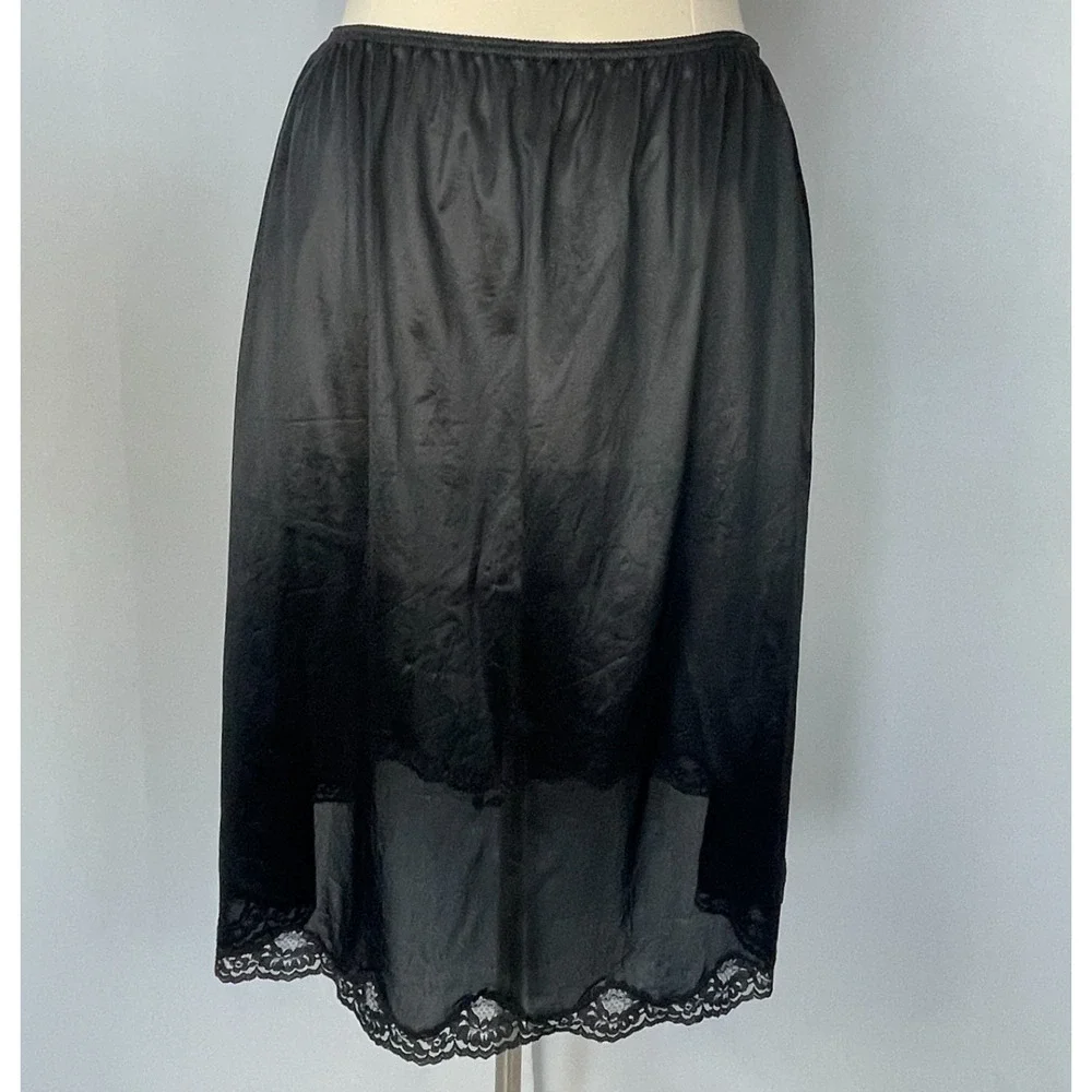 Half Slip Skirt Plus Size 22 24 Black Solid Nylon Satin Lace Trim Lingerie Vtg